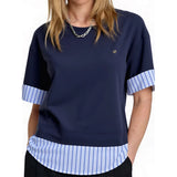 CH Metal Logo Short Sleeve T Shirt Women Stripe Patchwork Fake Two Piece Drop Shoulder Loose Fit Casual Daily Tops