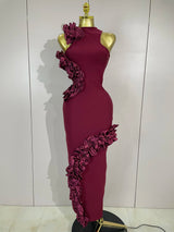 Women 3D Flowers Sexy Sleeveless Wine Red Long Bodycon Bandage Dress Knitted Celebrity Elegant Evening Luxury Club Party Dresses