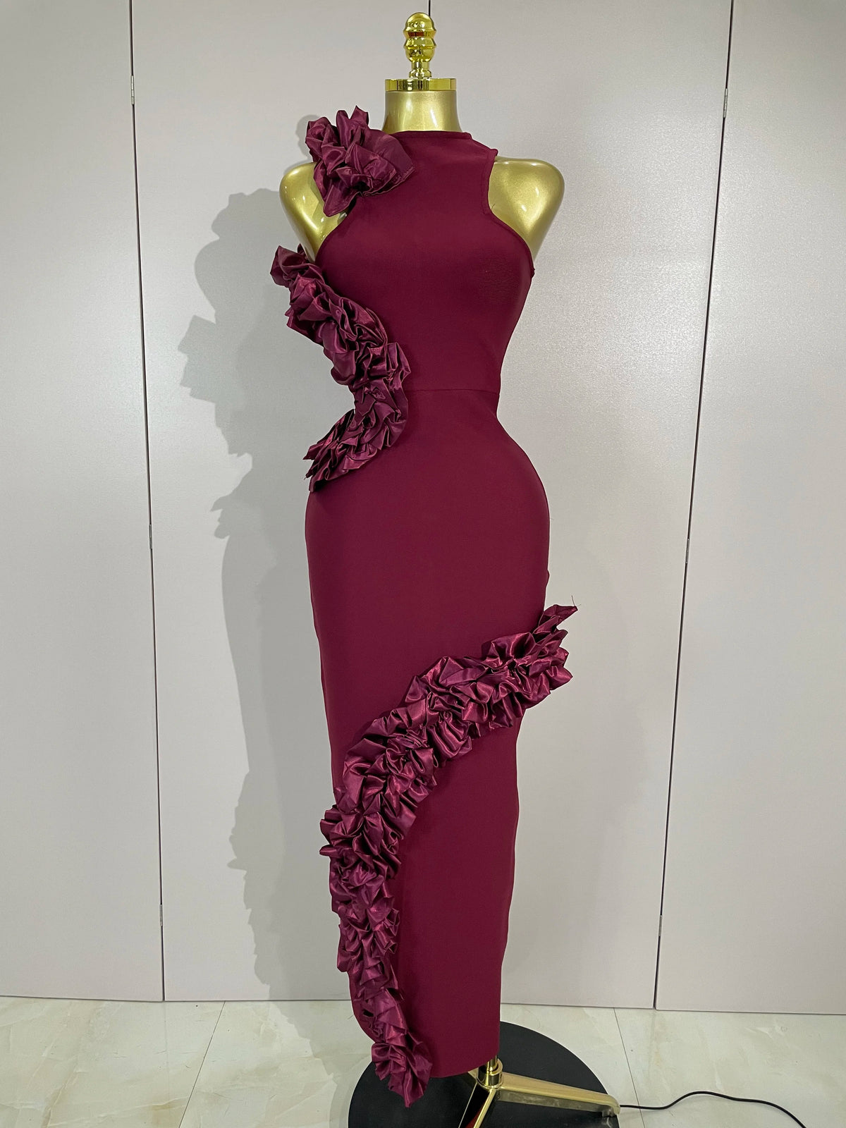 Women 3D Flowers Sexy Sleeveless Wine Red Long Bodycon Bandage Dress Knitted Celebrity Elegant Evening Luxury Club Party Dresses