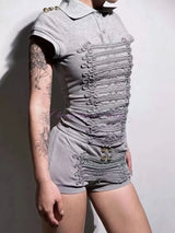 2026 Y2K Praying style palace gray three-dimensional embroidered Polo shirt for women/shorts summer slimming visual suit