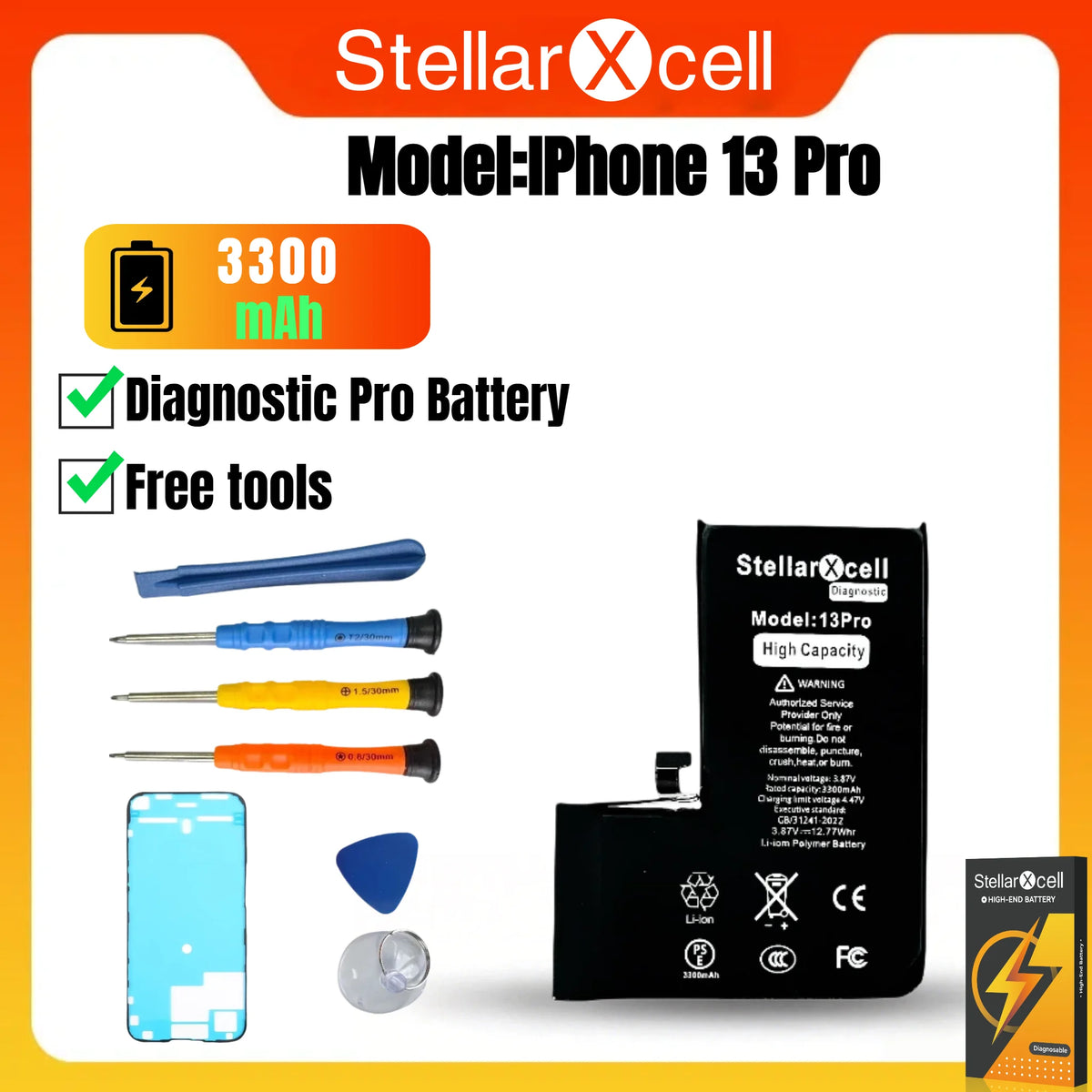 StellarXcell Diagnostic Battery No Unknown Parts No Pop Up Message for iPhone 12mini 13Pro Max 14Plus 15Pro Max With Free Tools