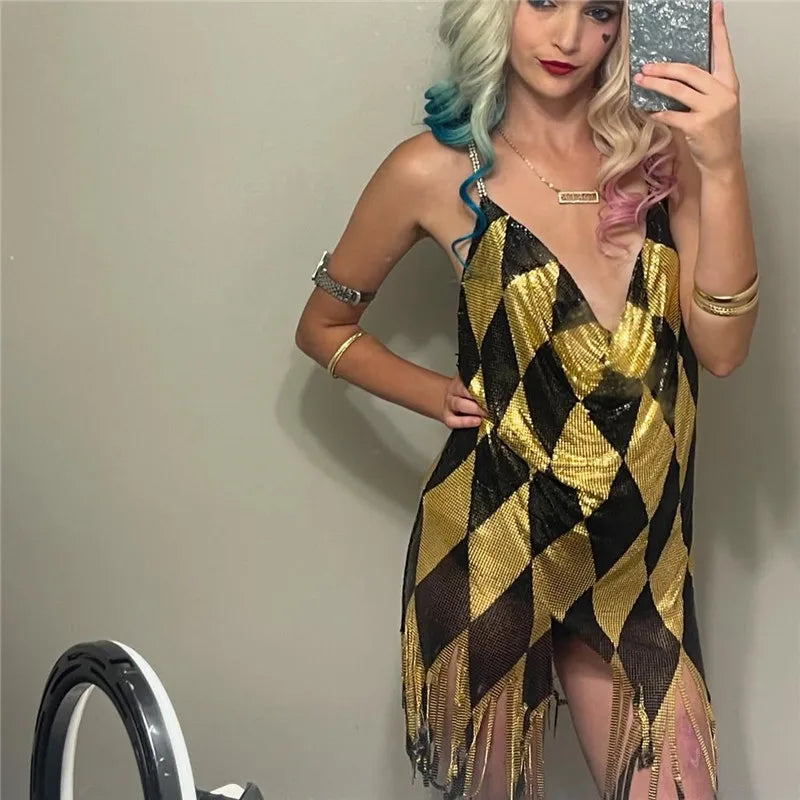 Women Diamond Argyle Sequin Slip Dress Spaghetti Strap V Neck Tassel Fringe Hem Bodycon Mini Dress Party Club Costume Dress