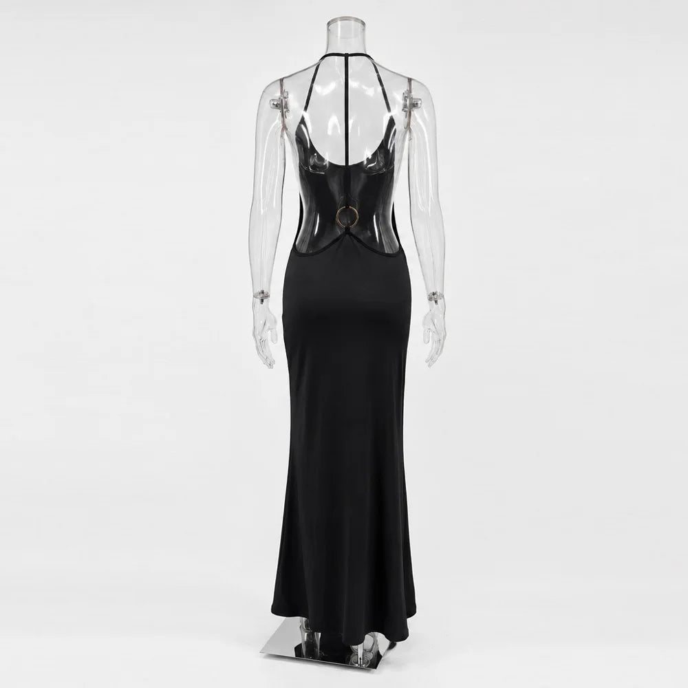 Tossy Women Halter Backless Bodycon Maxi Dress Open Back Spaghetti Strap Gold Ring Evening Party Gown Summer Beach Long Dress
