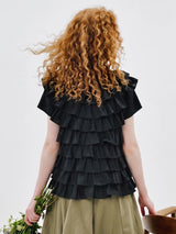 imakokoni Women's T‑shirts and Polos Summer Black Cake Layered Multi‑layer Ruffled Short Sleeve Casual Female Clothing Tops