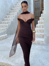 Mozision Scarf Collar Off-shoulder Sexy Maxi Dress Women Gown Fashion With Sleeve Strapless Backless Club Party Long Dresses