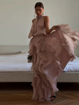 Sexy Cascading Ruffle Pleated Women's Long Dress Fashion Lace Up Sleeveless Empire Female Dresses 2026 Spring Summer Lady Robe