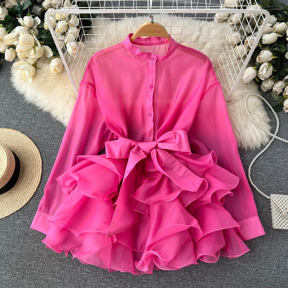 TARUXY Chiffon Dress For Women 2025 Bandage Ruffle Splice Mesh Long Sleeve Cover-up Woman Beach Sexy Bow Oversized Dresses Femme