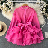 TARUXY Chiffon Dress For Women 2025 Bandage Ruffle Splice Mesh Long Sleeve Cover-up Woman Beach Sexy Bow Oversized Dresses Femme