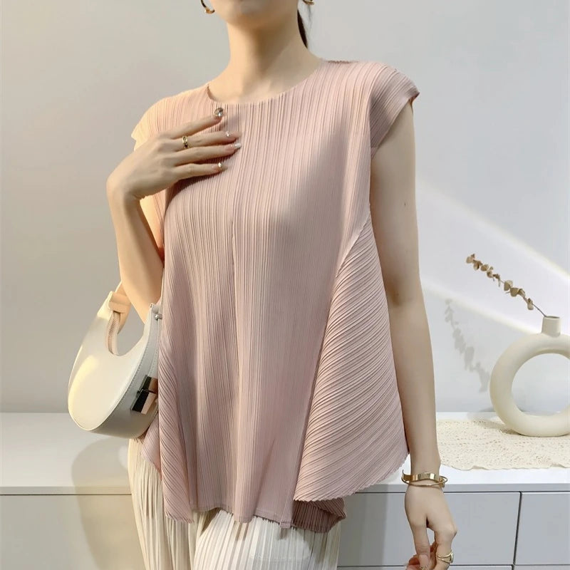 Pleated T-Shirt Summer New Simple Fashion Irregular Sleeveless Loose Casual Round Neck Women's Lightweight Stretch Top