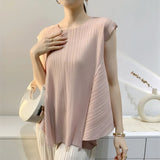 Pleated T-Shirt Summer New Simple Fashion Irregular Sleeveless Loose Casual Round Neck Women's Lightweight Stretch Top