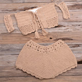 Knit Bikini Set for Women, Sexy Off Shoulder, Crop Top and Shorts, Brazilian Beachwear, Crochet Swimwear, Summer Shorts, 2 PCs