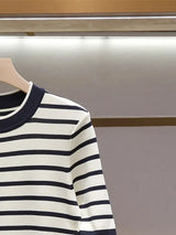 Women Short Sleeved Striped T-Shirt Loose and Versatile Round Neck Lady Summer Casual Tee