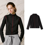 TOYOUTH Women T Shirt 2026 Winter New Mock Neck Rib Color Block Slim Fit Long Sleeve Top