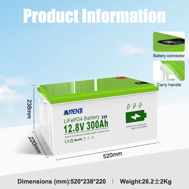 ANENJI 24V 100AH 12.8V 300AH LiFePO4 Battery Deep 6000+ Cycles BMS Lithium Iron Phosphate Battery Solar Energy Lithium Bateria Pack Batteries For RV Inverter Solar Panel