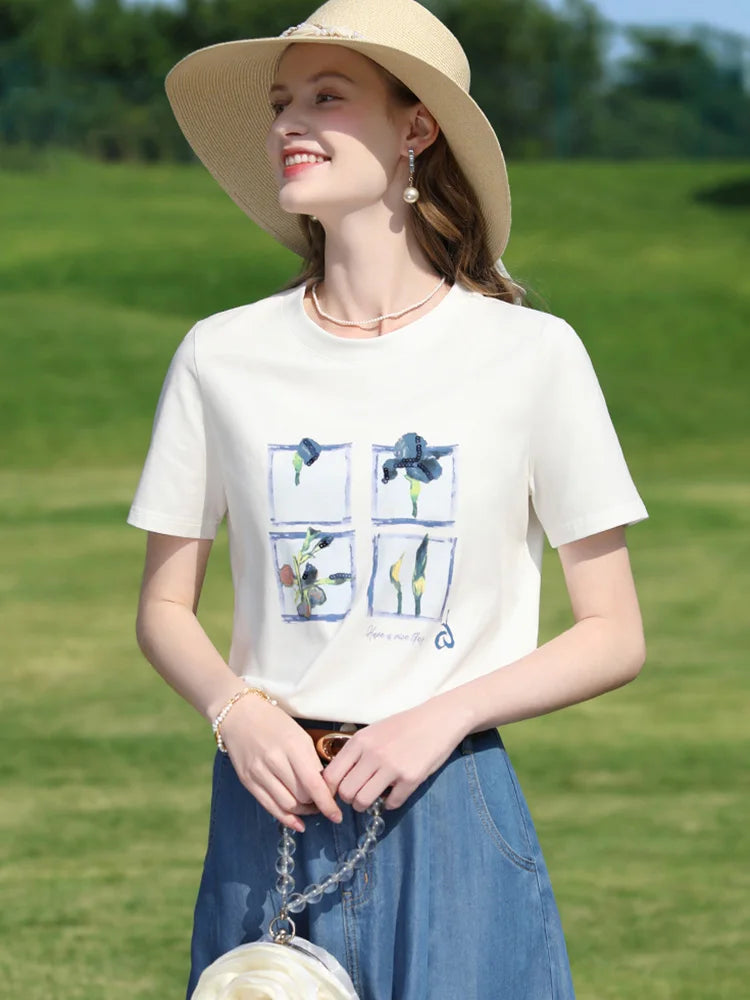 I BELIEVE YOU Women's Top Oil Painting Sequin Embroidery Round Neck 2026 New Summer Commuting Short Sleeve T-shirt 2252015995