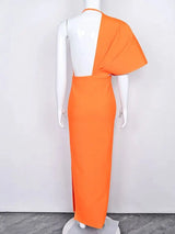 BEAUKEY Luxury Evening Orange HLBandage Dress Drape Maxi XL Asymmetric Sleeve Deep V Neck Sexy Party Stretchy Bodycon Dress