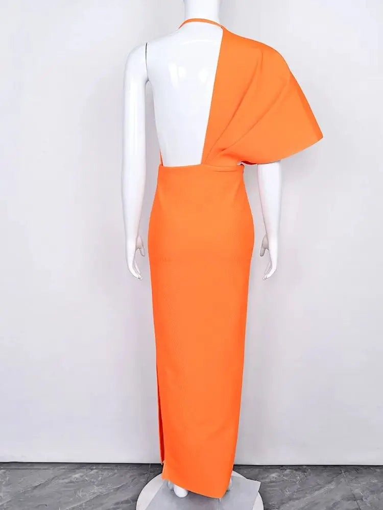 BEAUKEY Luxury Evening Orange HLBandage Dress Drape Maxi XL Asymmetric Sleeve Deep V Neck Sexy Party Stretchy Bodycon Dress