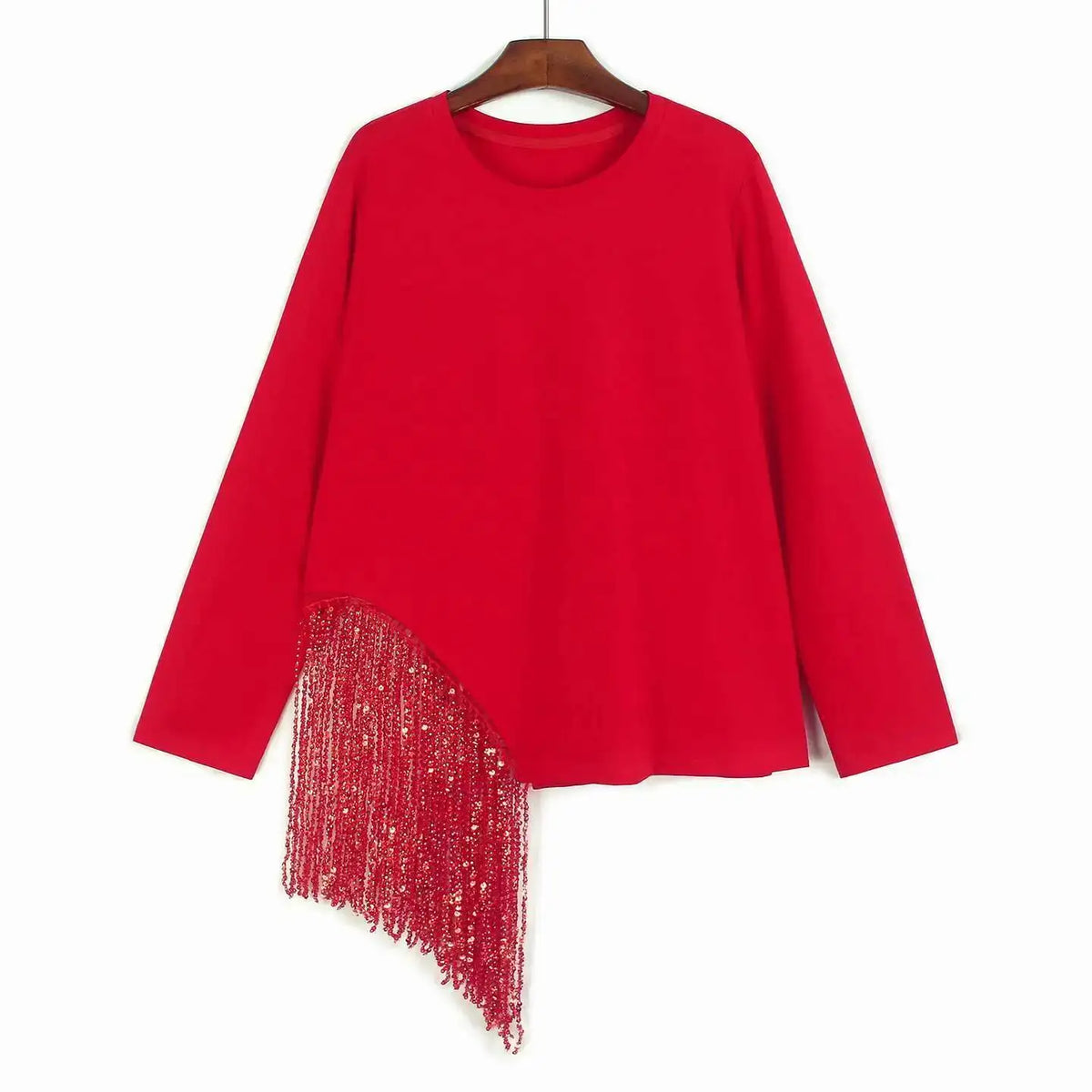 [EWQ] Korean Style Unique Design Beaded Tassel T-Shirt Long Sleeve Beautiful Pullover All Match T Shirt For Women Autumn New