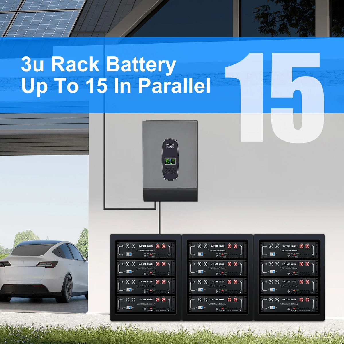 DATOUBOSS 48V 100Ah LiFePO4 Lithium Battery, 5.12kWh 3U Server Rack Battery Built-in 100A BMS, 15,000+ Deep Cycles, Bluetooth & App Monitoring, RS232/RS485/CAN, for Home, RV & Off-Grid Backup