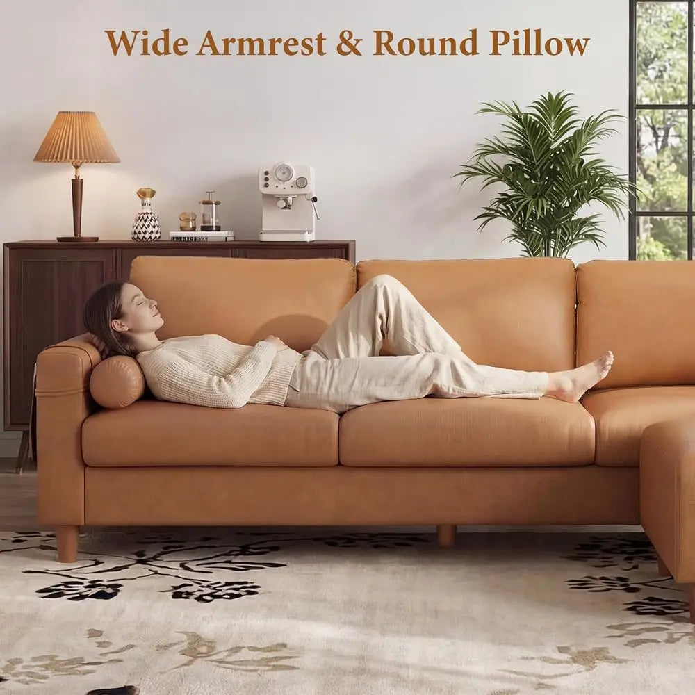 3 Seater L-Shaped PU Leather Sofa with Movable Ottoman for Living Room in Camel Color