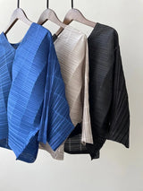 Miyake Pleated Drape V-neck Loose Bat Tops Women Summer High Fashion New Korean Style Designer Classical Causal T-shirt