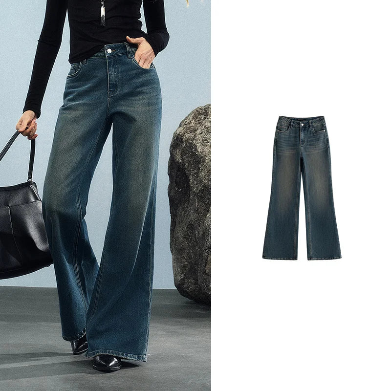 TOYOUTH Women Denim Jeans 2025 Autumn New Retro Lycra Micro Flare Pant