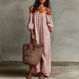 Spring Summer Beach Vacation Maxi Dress Woman Sexy Off Shoulder Puff Sleeve Long Dresses Vintage Striped Print Pocket Boho Dress