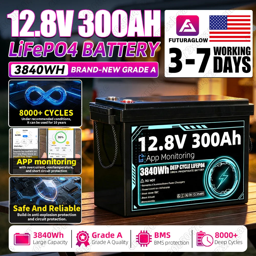 12V 300Ah Lifepo4 Battery Pack Support APP Monitoring Grade A 12.8V Lithium Iron Phosphate Rechargeable Cells DIY 24V 300AH For RV EV Home Energy Storage System Campsite Power Supply equipment Fast Delivery