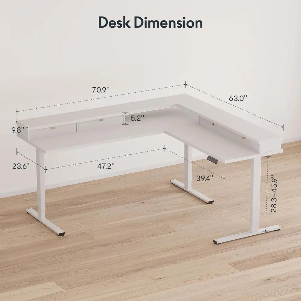 71 Adjustable Height L-Shaped Desk, White Top, with 4 Drawers and Monitor Stand for Gaming and Standing Work