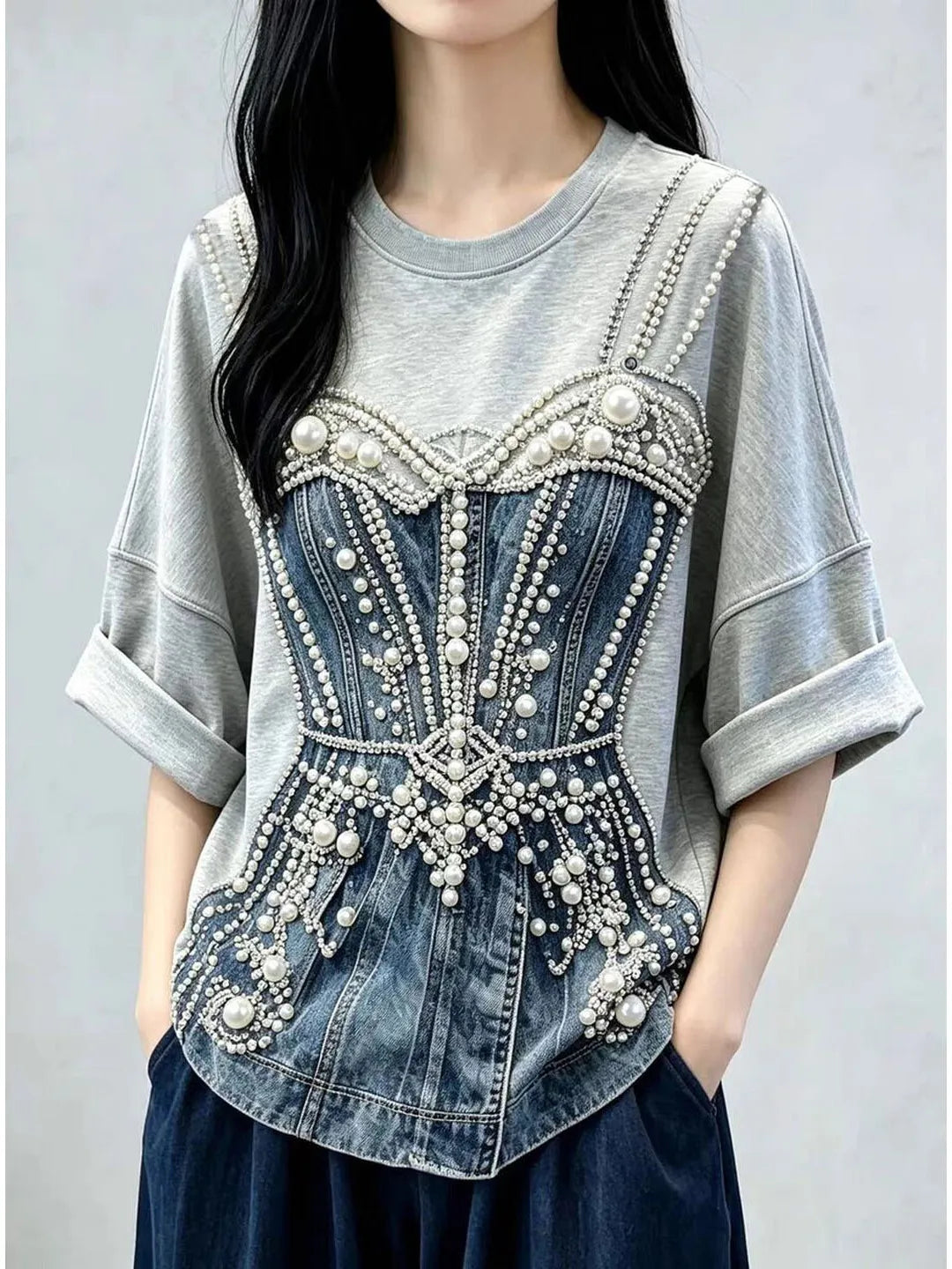 Fashionable Heavy-Duty Beaded Loose T-Shirt Women's Summer New Arrival Korean Style round Neck Short Sleeve Top for Ladies