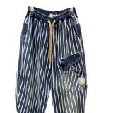 Large size 300 pounds trendy vertical striped workwear denim men's summer elastic waistband nine point harem pants