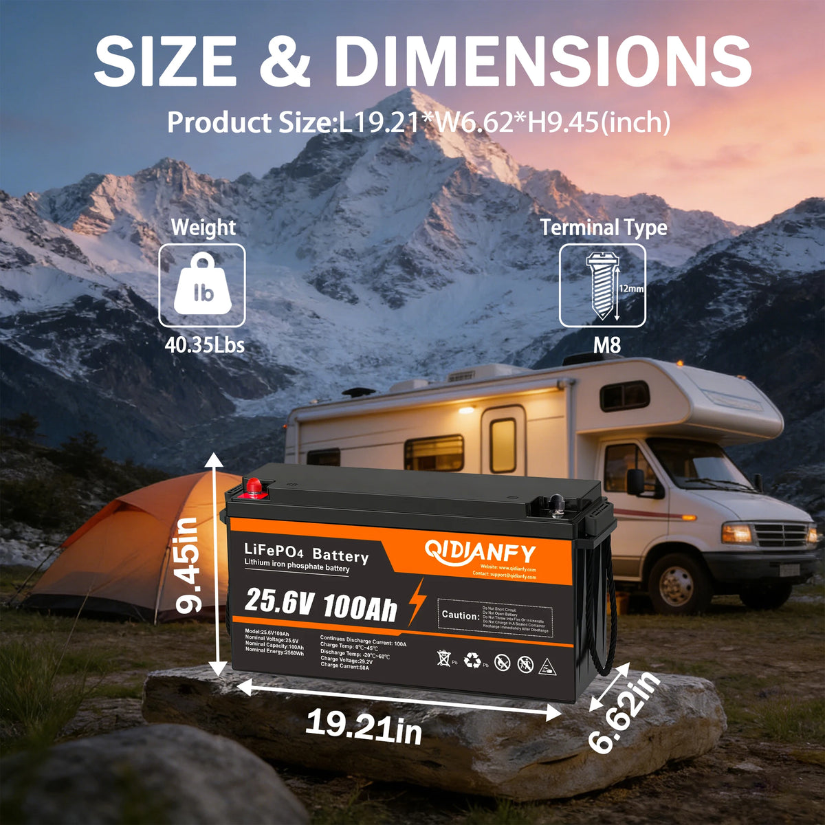 Qidianfy 24V 100Ah LiFePO4 Battery Built-in 100A BMS 2560Wh Deep Cycles Rechargeable Lithium Battery for RV Camping Home Backup Power Solar Off-Grid