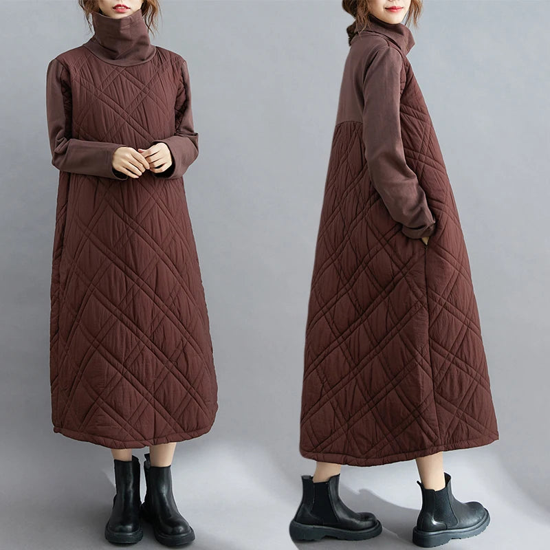 Autumn Winter plus Size Loose Slimming Color Cotton Thiened Warm Splicing Long Dr Faionable High Collar Dr