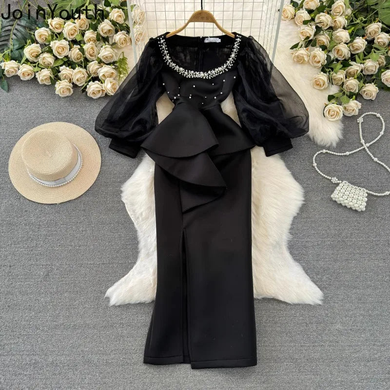 Temperament Robe Femme Party Dresses for Women Gauze Lantern Sleeve Square Collar Beading Split Dress 2025 Vestidos De Mujer