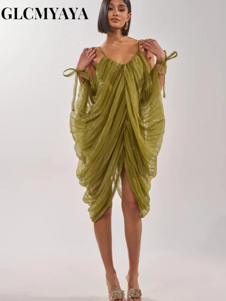 CM.YAYA Women Sheer Mesh Draped Plunging Neck Mini Slip-style Midi Dress 2026 Summer Holiday Birthday Vacation High-low Dresses