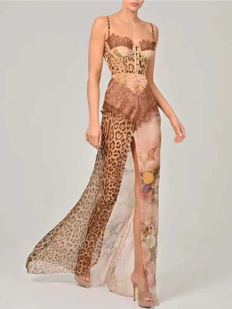 Blifanbo Sexy Leopard Print Lace Split Maxi Dress Women Gown Elegant Sleeveless Patchwork Chiffon Backless Beach Evening Dress