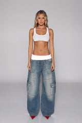 American-style vintage distressed high-waisted denim women's long pants for the 2025 autumn season