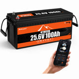 Buknuwo LiFePO4 24V/25.6V 100Ah Lithium Battery With Bluetooth Built-in 100A BMS Grade A Cells 2560Wh Power Energy Storage Battery Low-Temp Protection Capable Of Over 10000 Cycles Support Parallel Battery For Solar,RV,Marine,Off-Grid Application,Camp