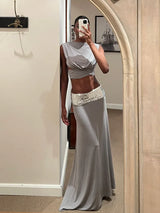 Women's Summer New Two Piece Crop Top + Maxi Skirt Set Sequin Waist Sleeveless Party Evening Dress Fashioned Clubwear Nightout