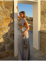 Stylish Sexy Backless Long Skirt Set Women Chic Shiny Sleeveless O-neck Top Skirts Suit Summer NEW Lady Vocation Party Outfits