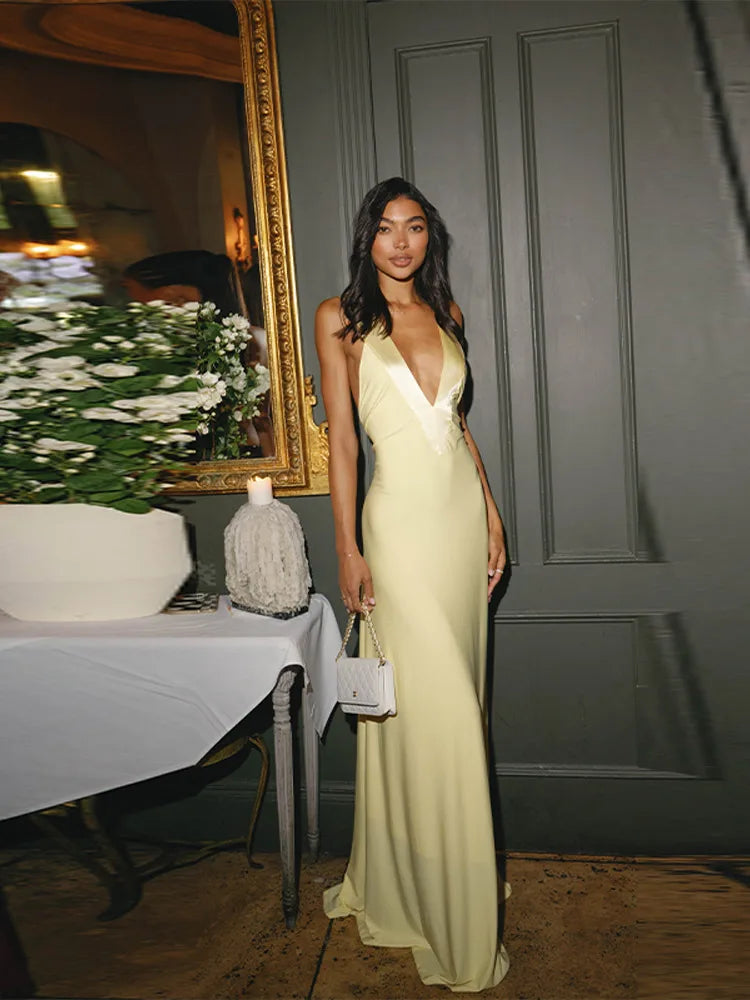 Fashion V-neck Backless Slim Fit Long Dress Minimalist Style Ankle-length Delicate Dresses 2026 Lady New Holiday Club Party Gown