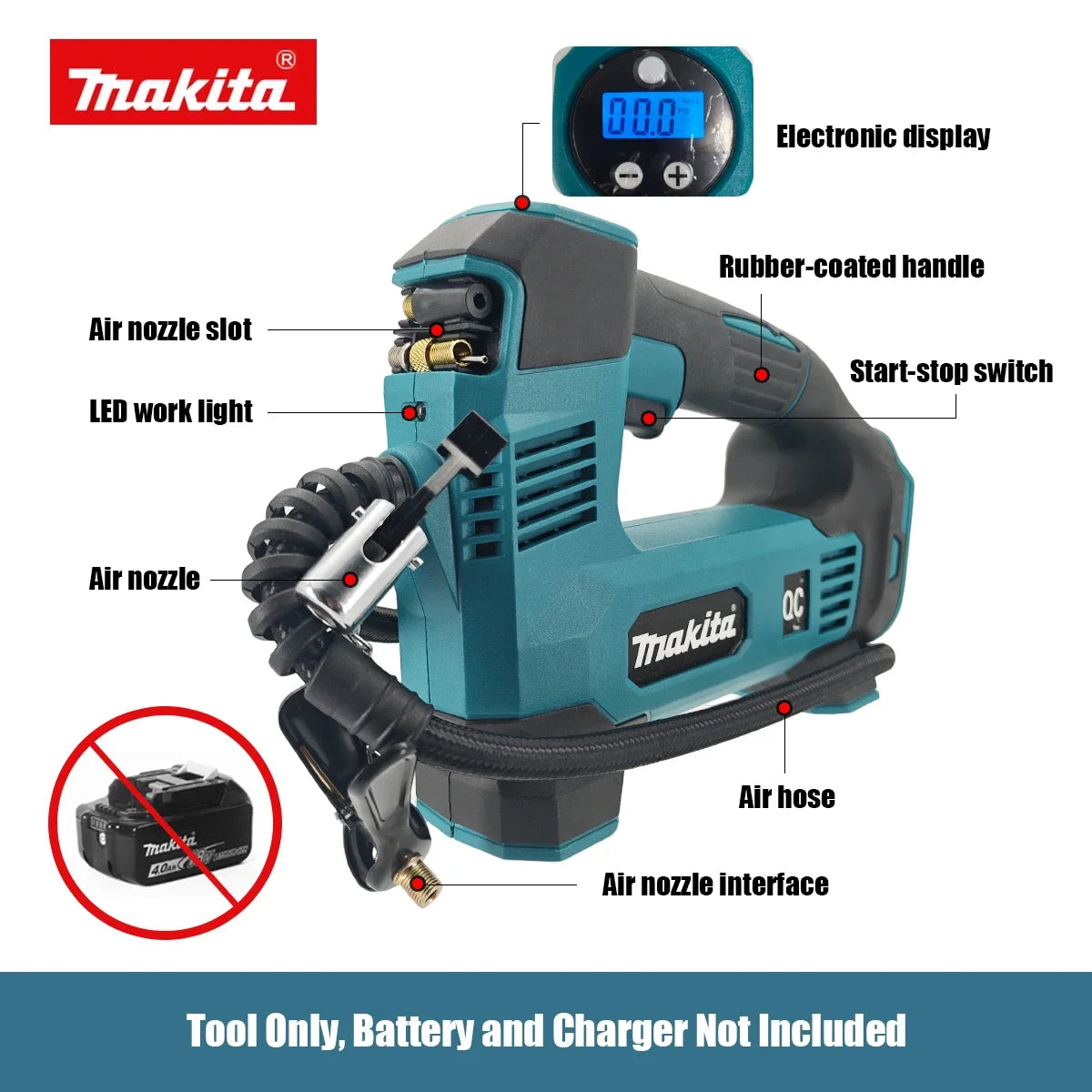 Makita 21V Mini Air Compressor 130PSI 830KPA With LED Light 30-65L Car Electric Air Pump Auto Inflatable Tire Inflator
