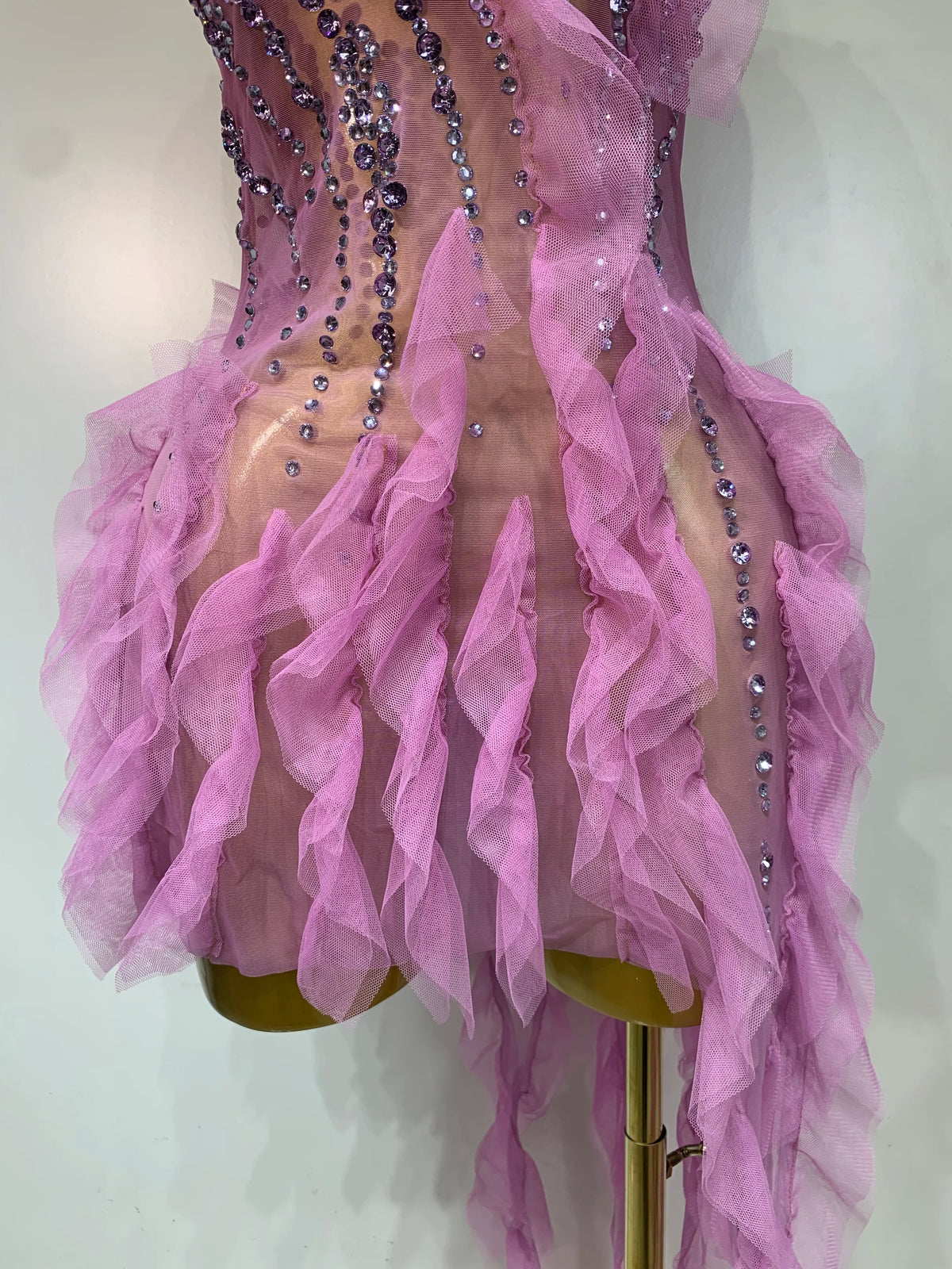 Women Sexy Mesh Ruffle See Through Mini Dress Sparkly Rhinestone Evening Party Prom Gown Nightclub Singer Stage Costume