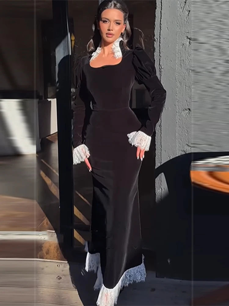 Lace Patchwork Velvet Long Dress Women Black Full Sleeves Waist Cinching Slim Maxi Dresses 2026 Lady Evening Party Vestidos New