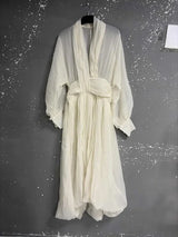 IEQJ Fashion Beige Dress Women's Deep V-neck Loose Lantern Sleeves High Wiast A-line Dresses Autumn New 3A433