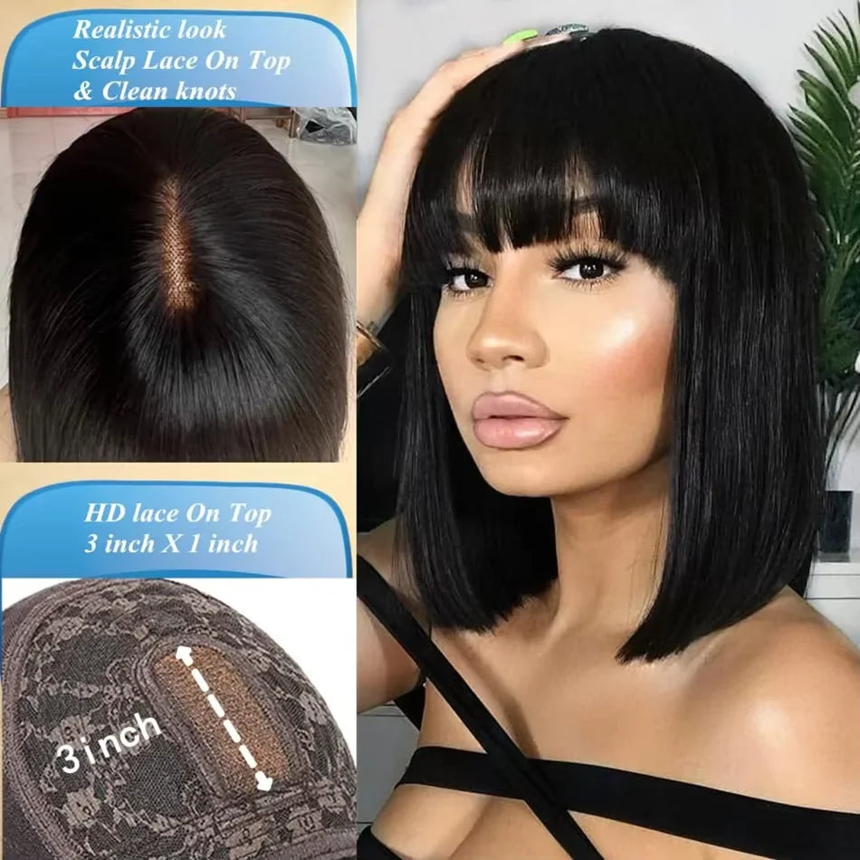 30 32 Inch Glueless Wig Bone Straight Human Hair With Bangs 250 Density 3x1 Lace Middle Part Wigs For Women