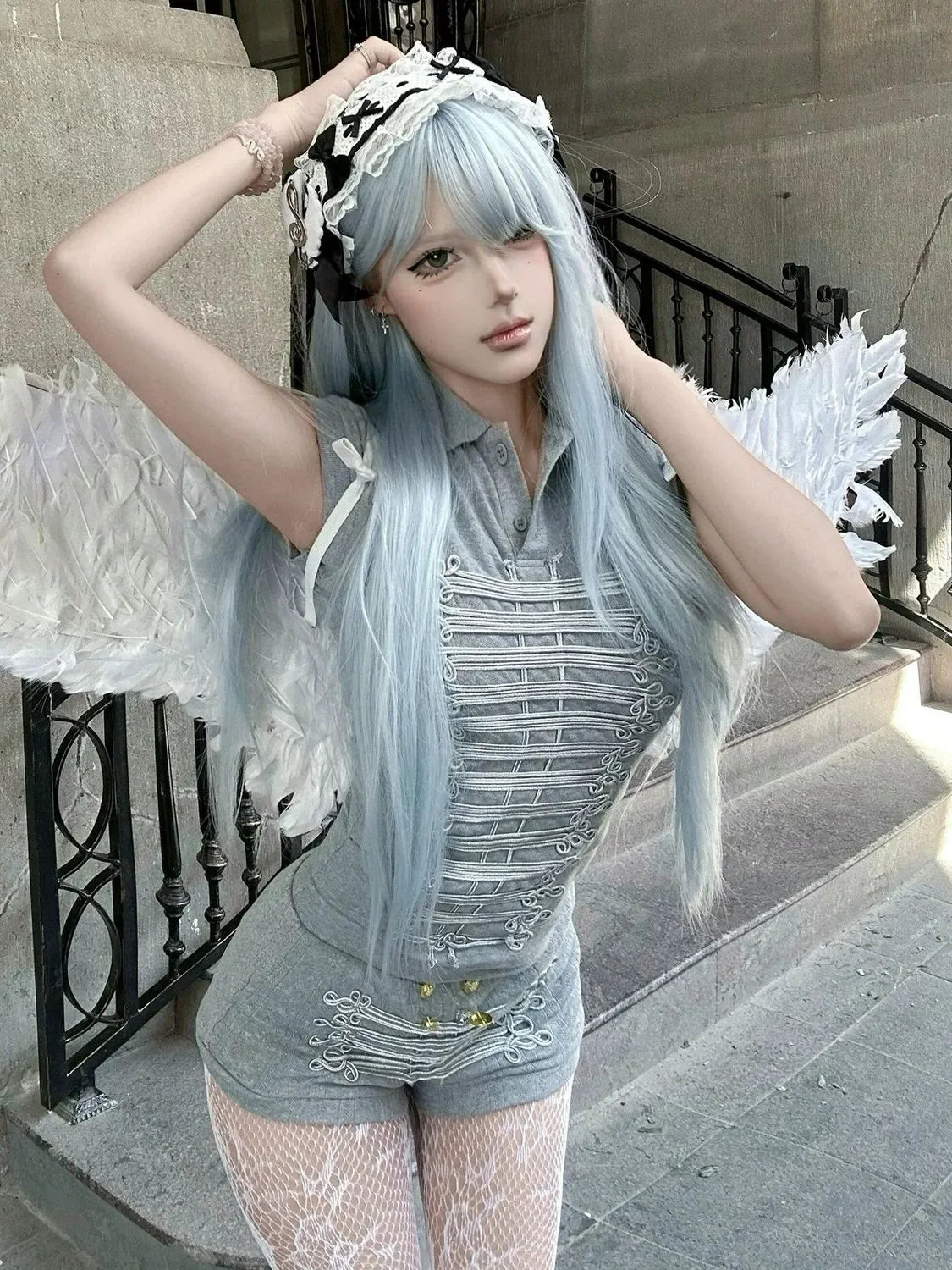 2026 Y2K Praying style palace gray three-dimensional embroidered Polo shirt for women/shorts summer slimming visual suit
