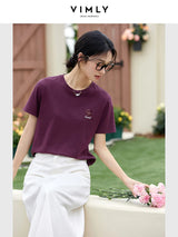 VIMLY Women's White Short Sleeve T-shirt 2026 Simple T Shirt Summer Tops for Woman Sequined Embroidered Tee Shirts A1516