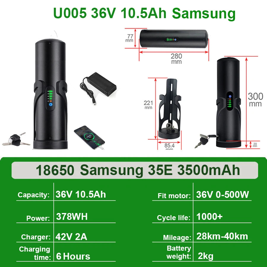 Mini Bottle EBike Battery 36V 10.5Ah 9Ah 48V 7Ah San-yo 18650 Li-ion Battery Pack for Bafang TSDZ2 250W 350W 500W Motor