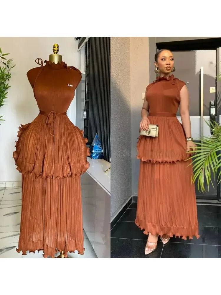 Miyake Pleated Ruffle Collar Dress with Temperament, Solid Color Sleeveless Ball, Elegant Plus Size Long Dress, 2025 Summer
